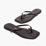 Pair of black crocodile-patterned flip-flops on a white background