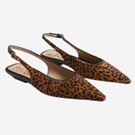 A pair of pointed-toe slingback flats in a brown and black leopard print, shown on a light gray background.