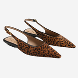 A pair of pointed-toe slingback flats in a brown and black leopard print, shown on a light gray background.