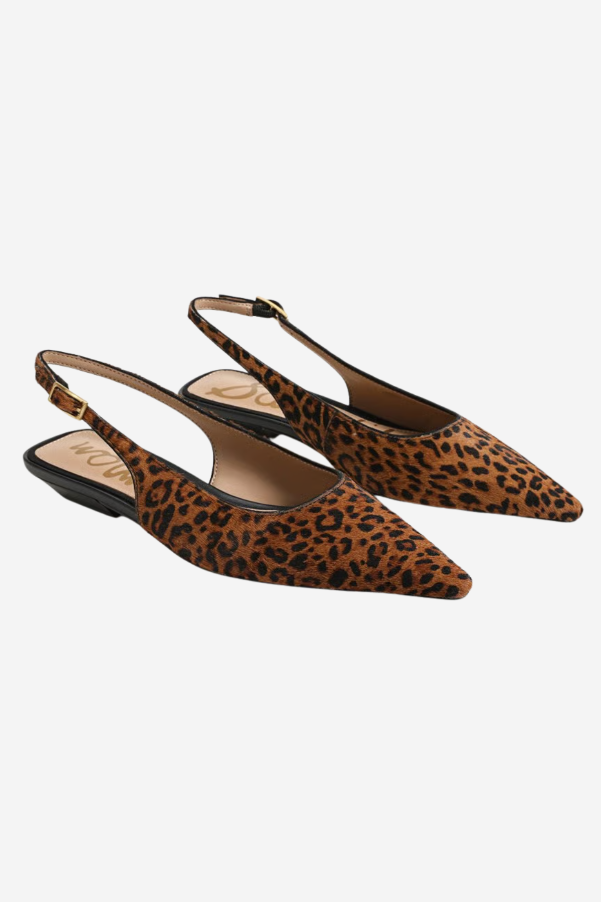 A pair of pointed-toe slingback flats in a brown and black leopard print, shown on a light gray background.
