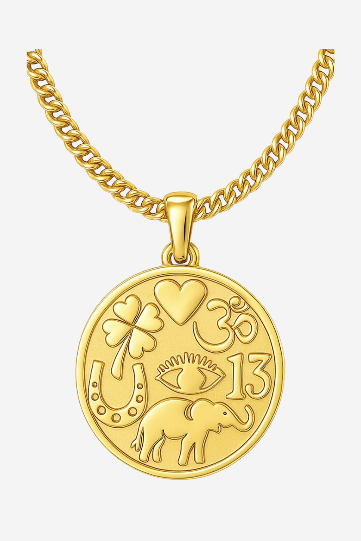 A gold-toned chain necklace with a round medallion pendant featuring embossed symbols and the number 13, shown on a light gray background.