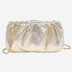 A metallic gold glitter clutch bag with a gathered, pleated texture and a gold chain strap, shown against a plain light gray background.