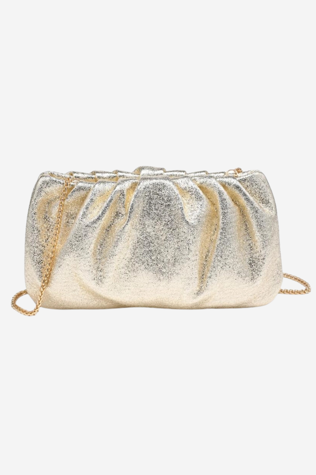 A metallic gold glitter clutch bag with a gathered, pleated texture and a gold chain strap, shown against a plain light gray background.