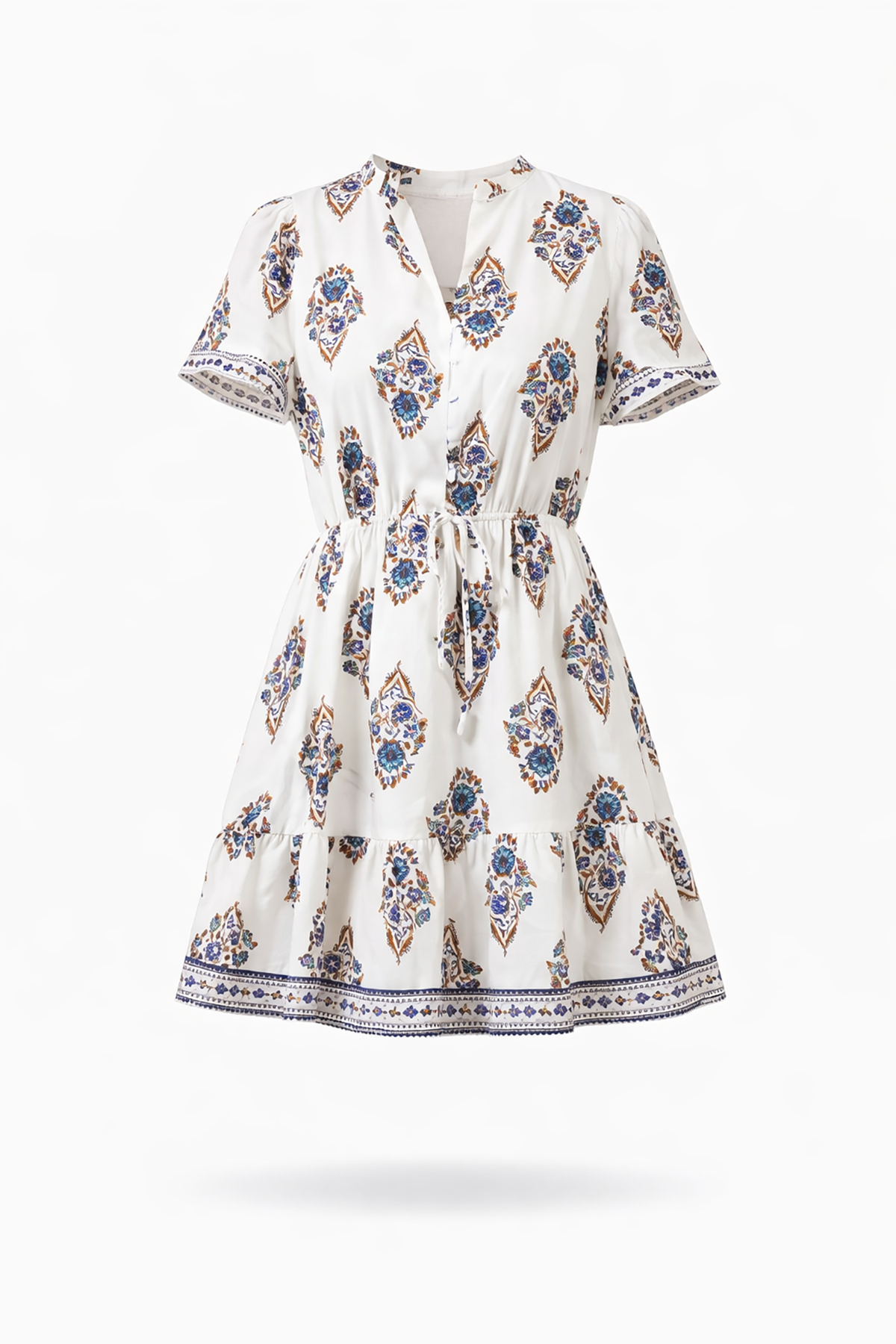 White dress with blue and red pattern on a white background