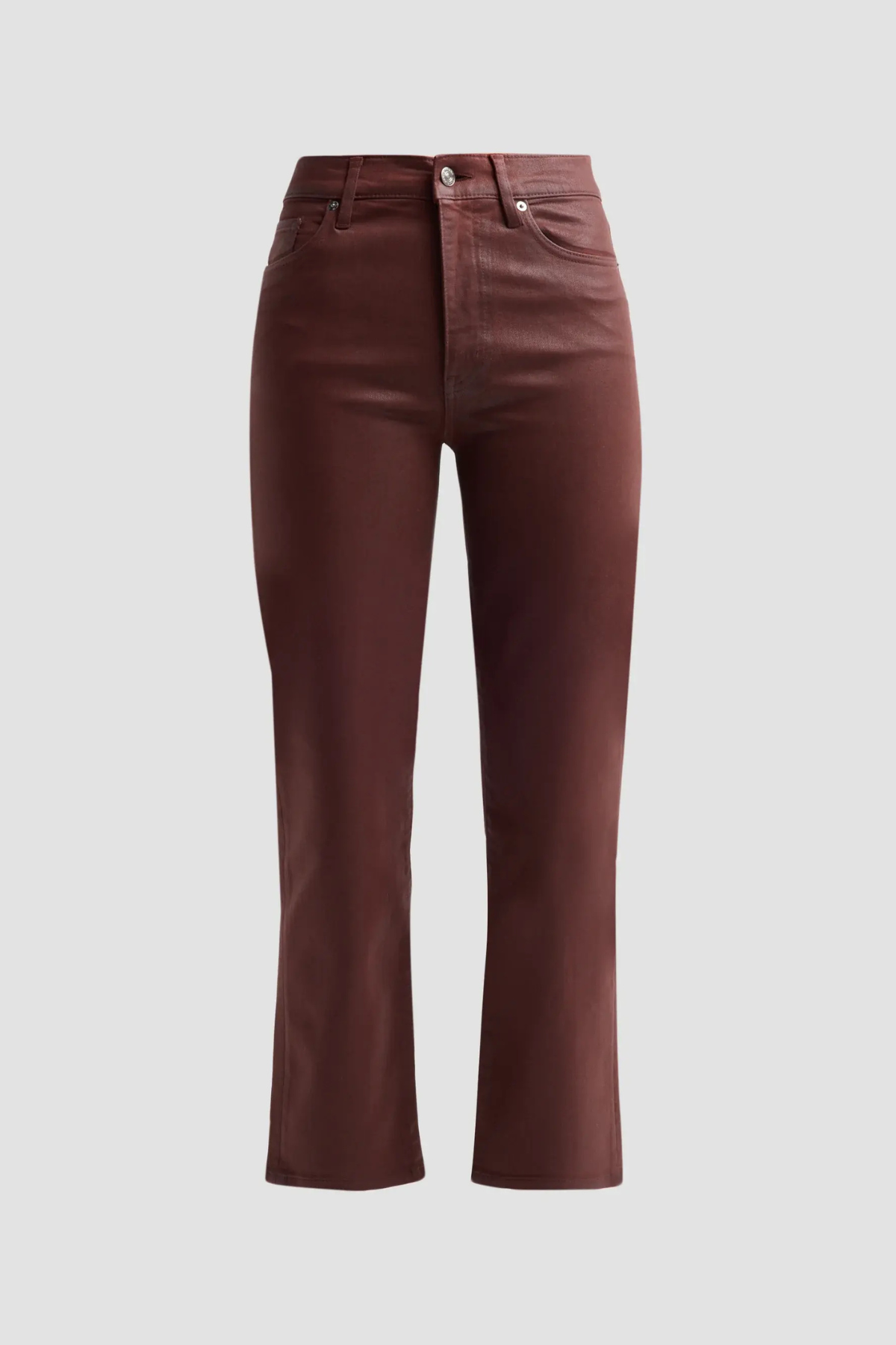 A pair of high-waisted, straight-leg jeans in a deep burgundy brown, shown against a solid light gray background.