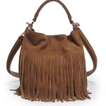 Brown suede handbag with fringe details on a white background
