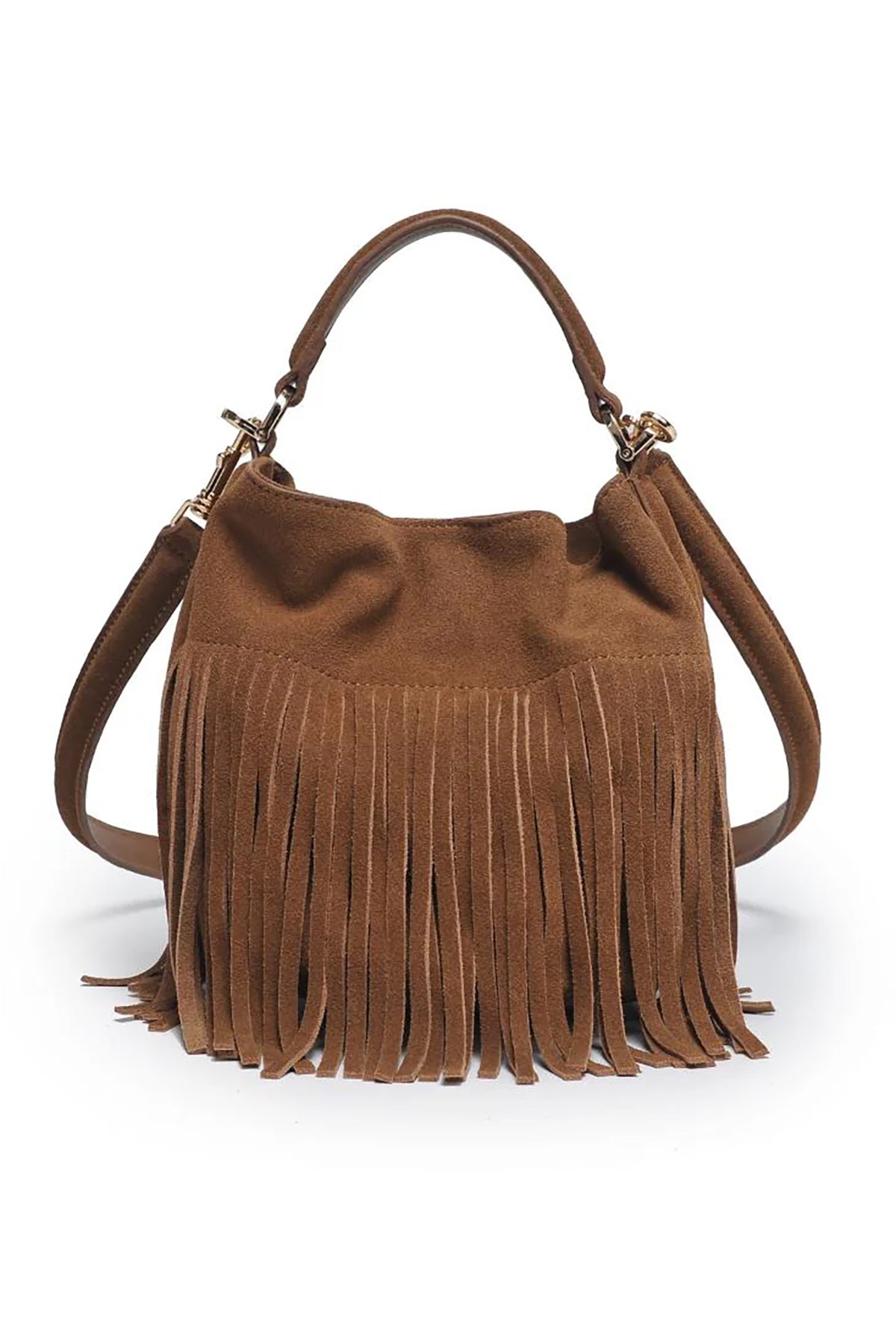 Brown suede handbag with fringe details on a white background