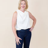 Sleeveless Cowl Neck Gold Ring Appliques Blouse