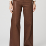 Women's cognac coated Anessa jeans featuring a high rise, 31-inch inseam, and wide-leg silhouette.