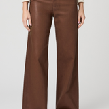 Women's cognac coated Anessa jeans featuring a high rise, 31-inch inseam, and wide-leg silhouette.