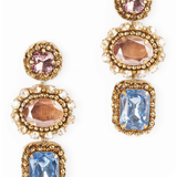 Gold and multi color rhinestone drop earrings on a white background.