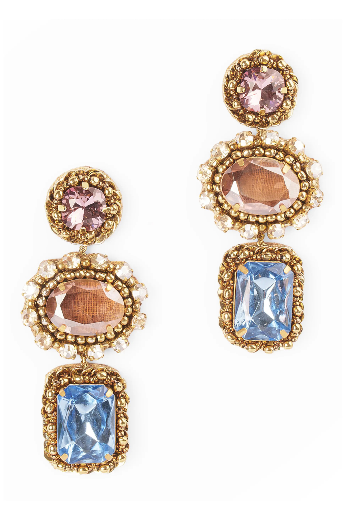 Gold and multi color rhinestone drop earrings on a white background.