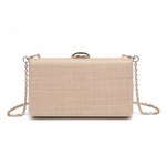 Beige clutch bag with a chain strap on a white background