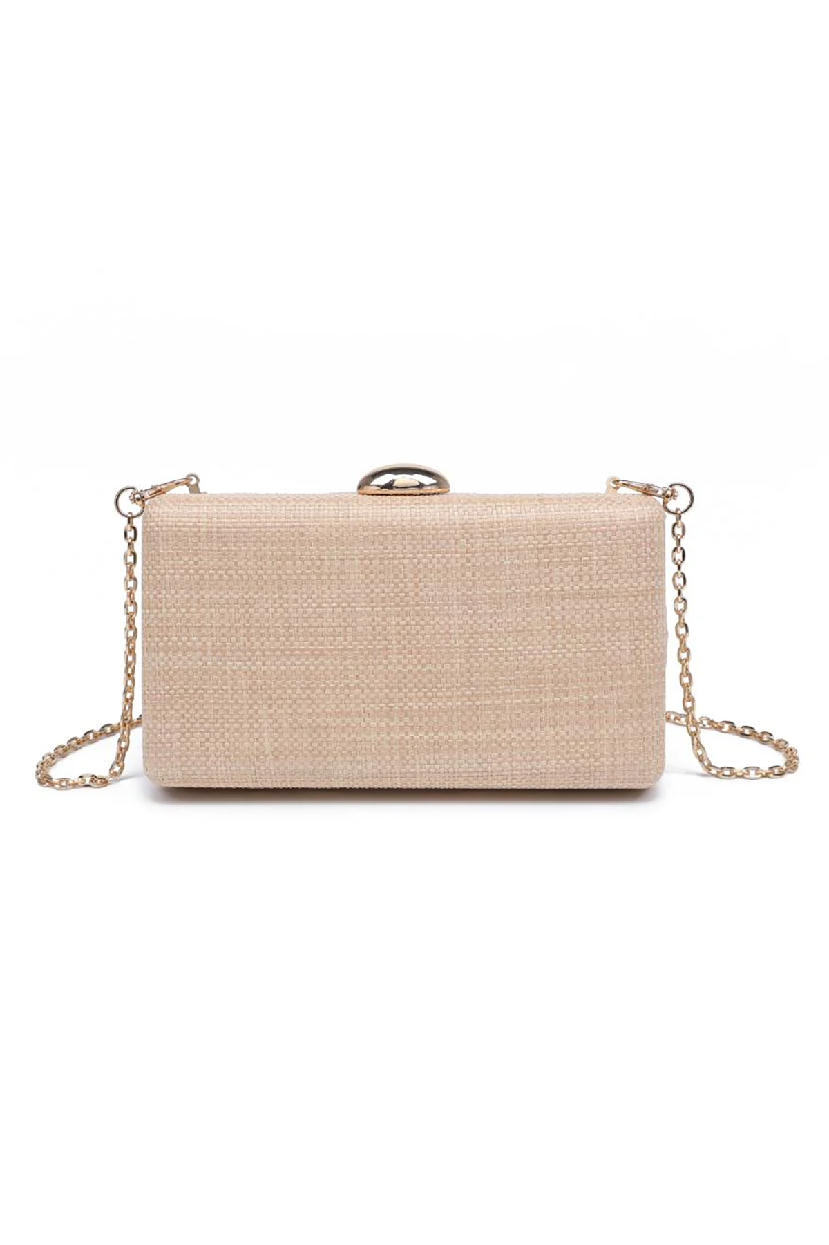 Beige clutch bag with a chain strap on a white background
