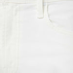 Close-up of white pants with a button on a light brown background