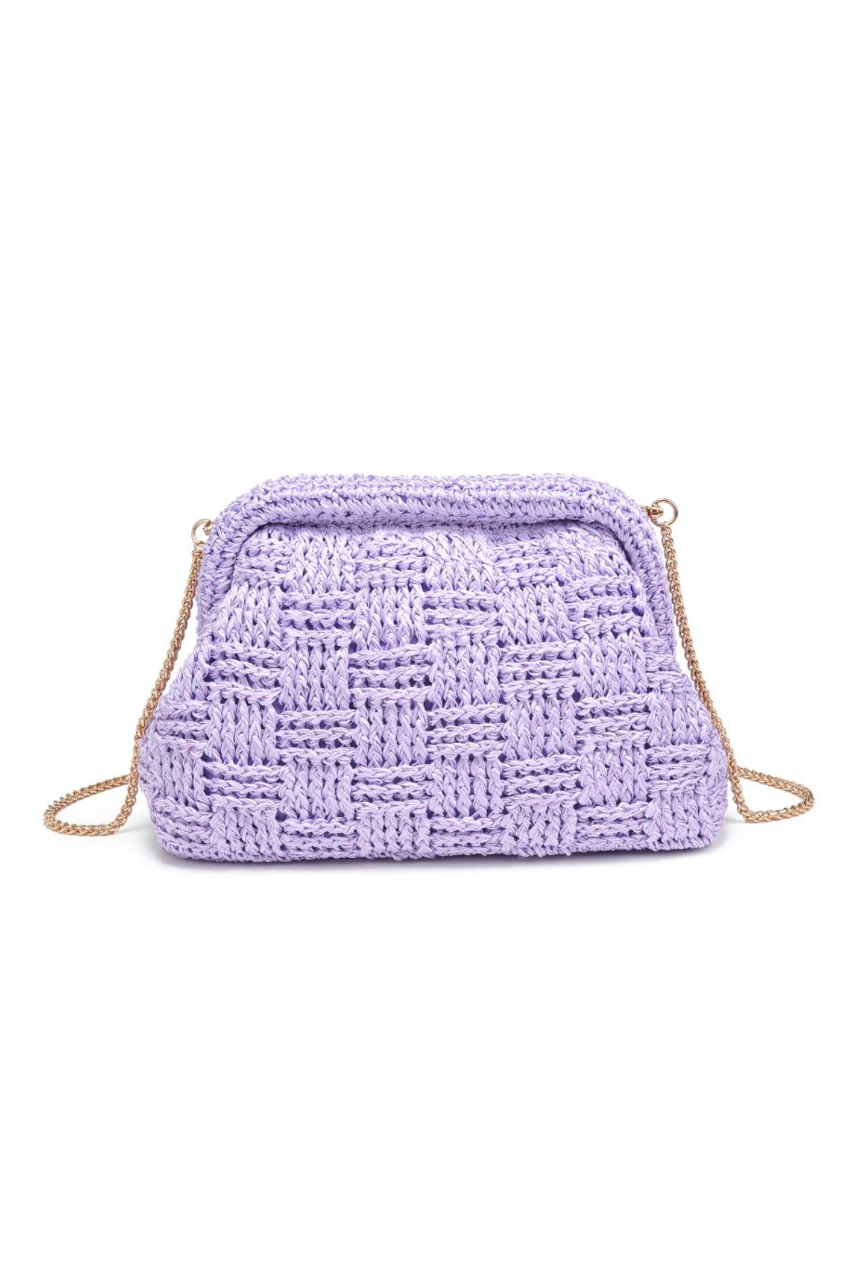 Lavender woven handbag on a white background