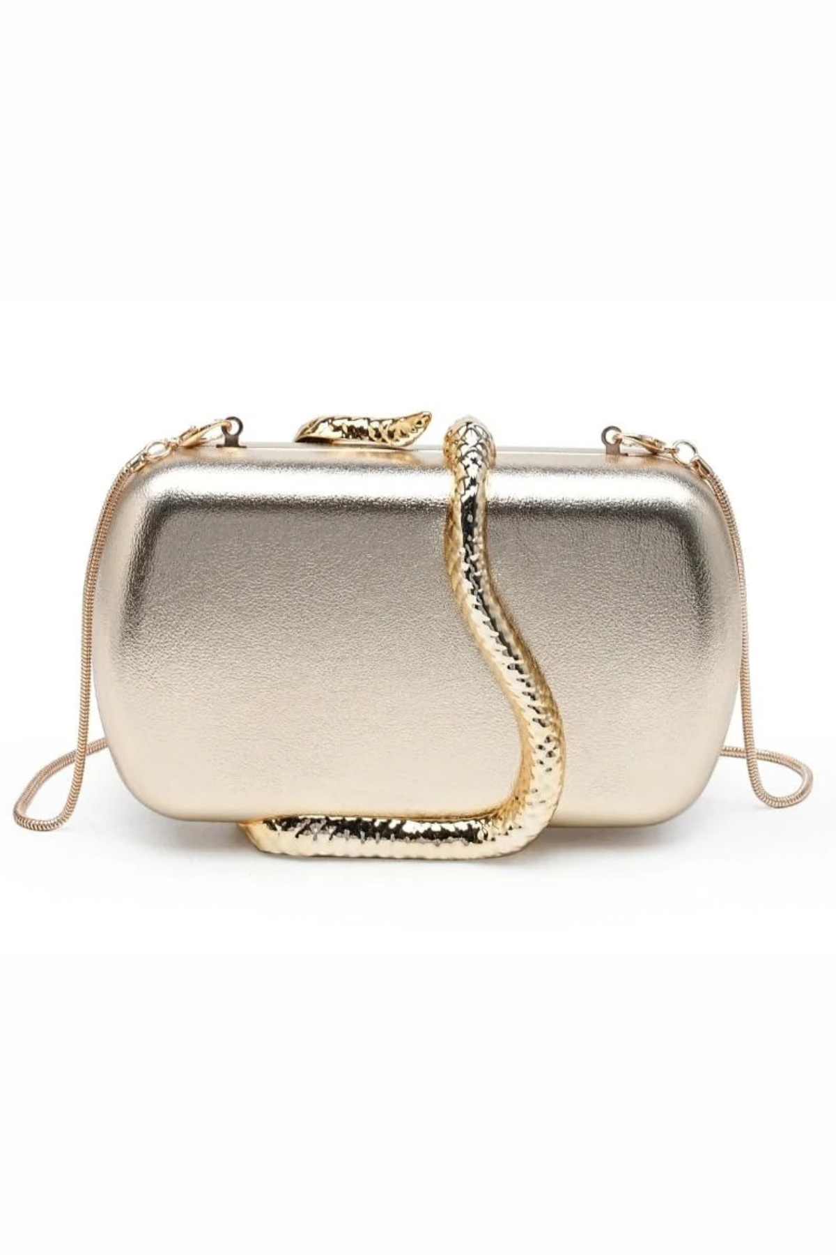 A metallic gold clutch bag with a textured snake-shaped strap draped over the front, set against a plain white background.