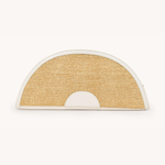 Semicircular woven mat with a white border on a white background