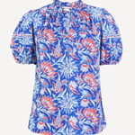 Blue floral blouse with puff sleeves on a white background