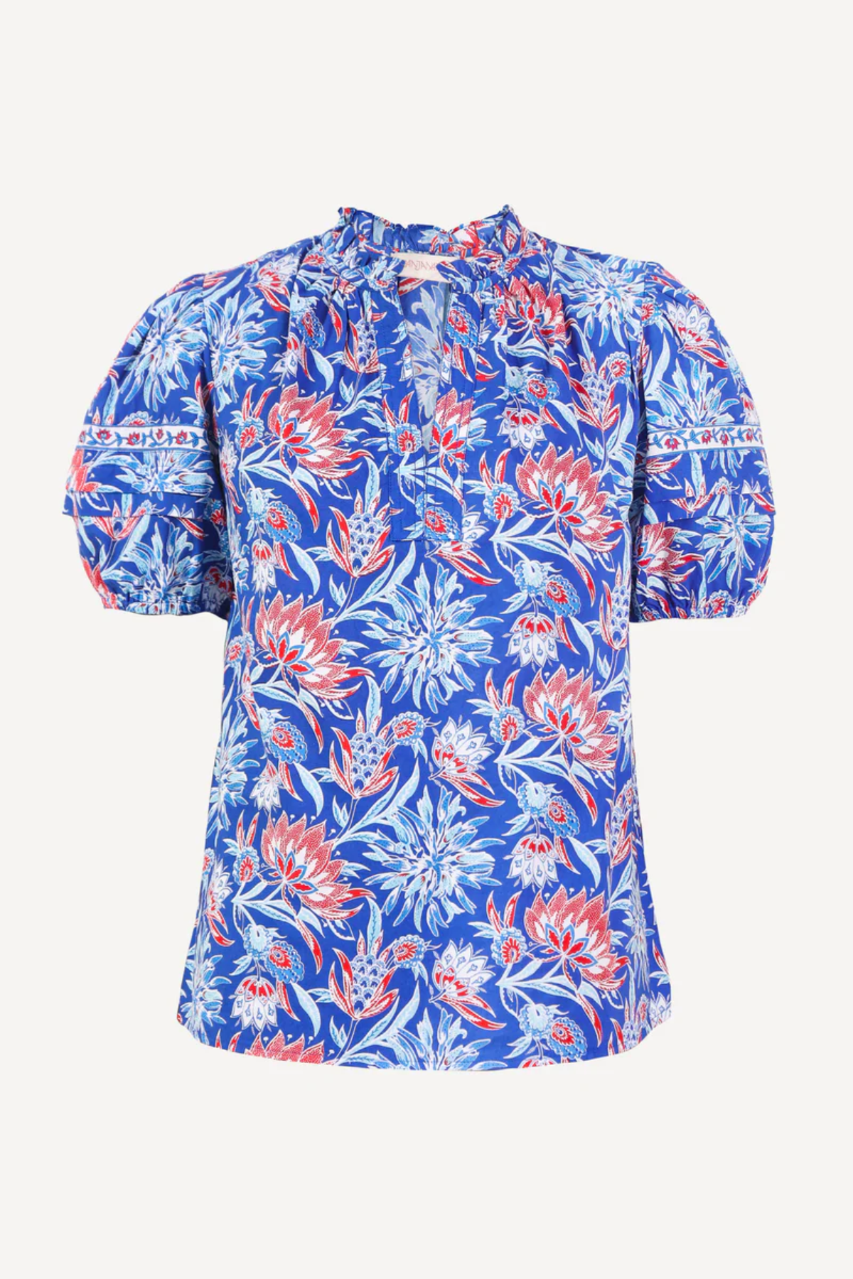 Blue floral blouse with puff sleeves on a white background