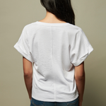 Person wearing a white t-shirt and blue jeans against a beige background