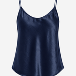 Women's satin camisole in a navy hue featuring a V-neckline, adjustable straps, and a relaxed silhouette.