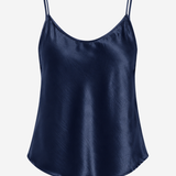 Women's satin camisole in a navy hue featuring a V-neckline, adjustable straps, and a relaxed silhouette.