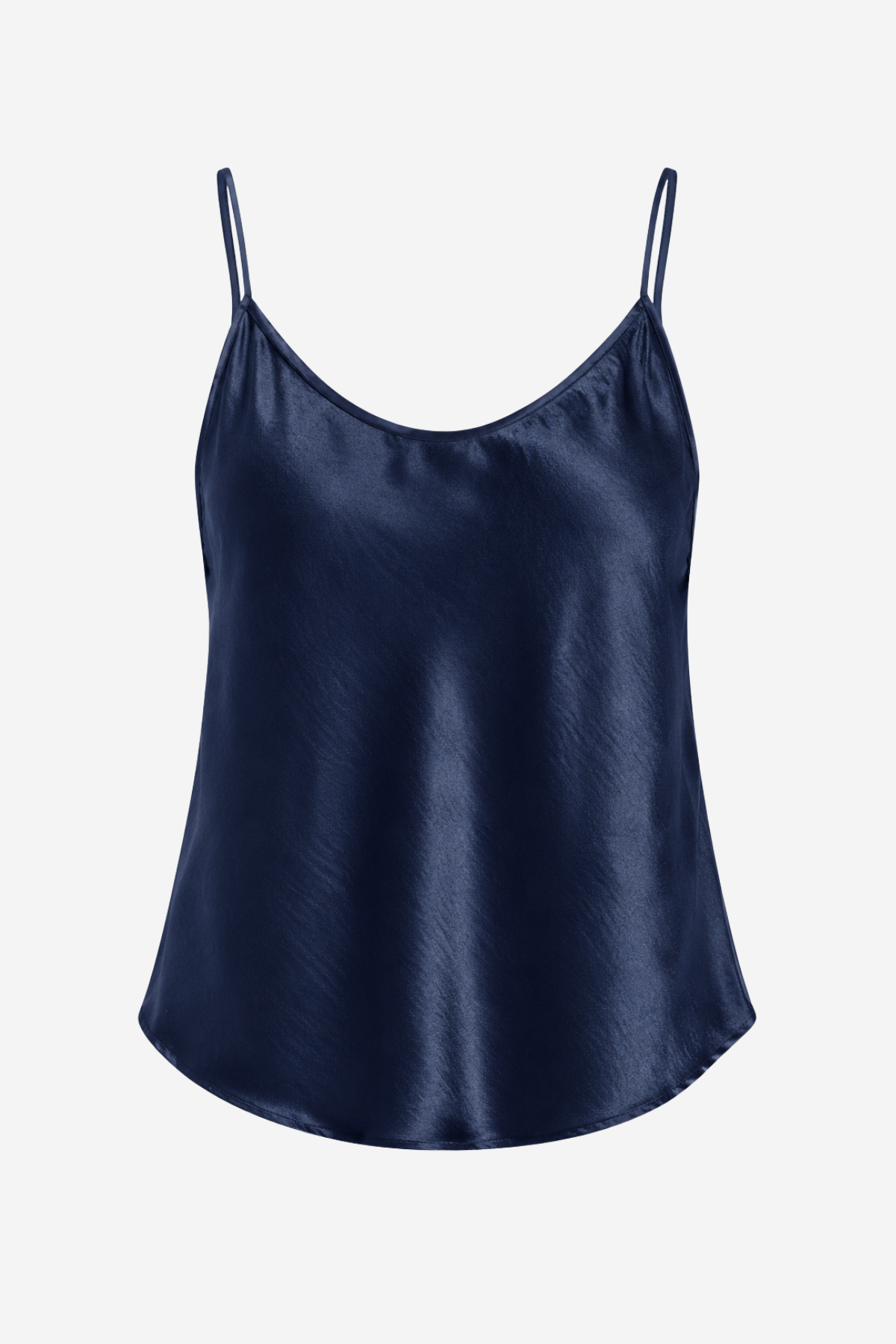 Women's satin camisole in a navy hue featuring a V-neckline, adjustable straps, and a relaxed silhouette.