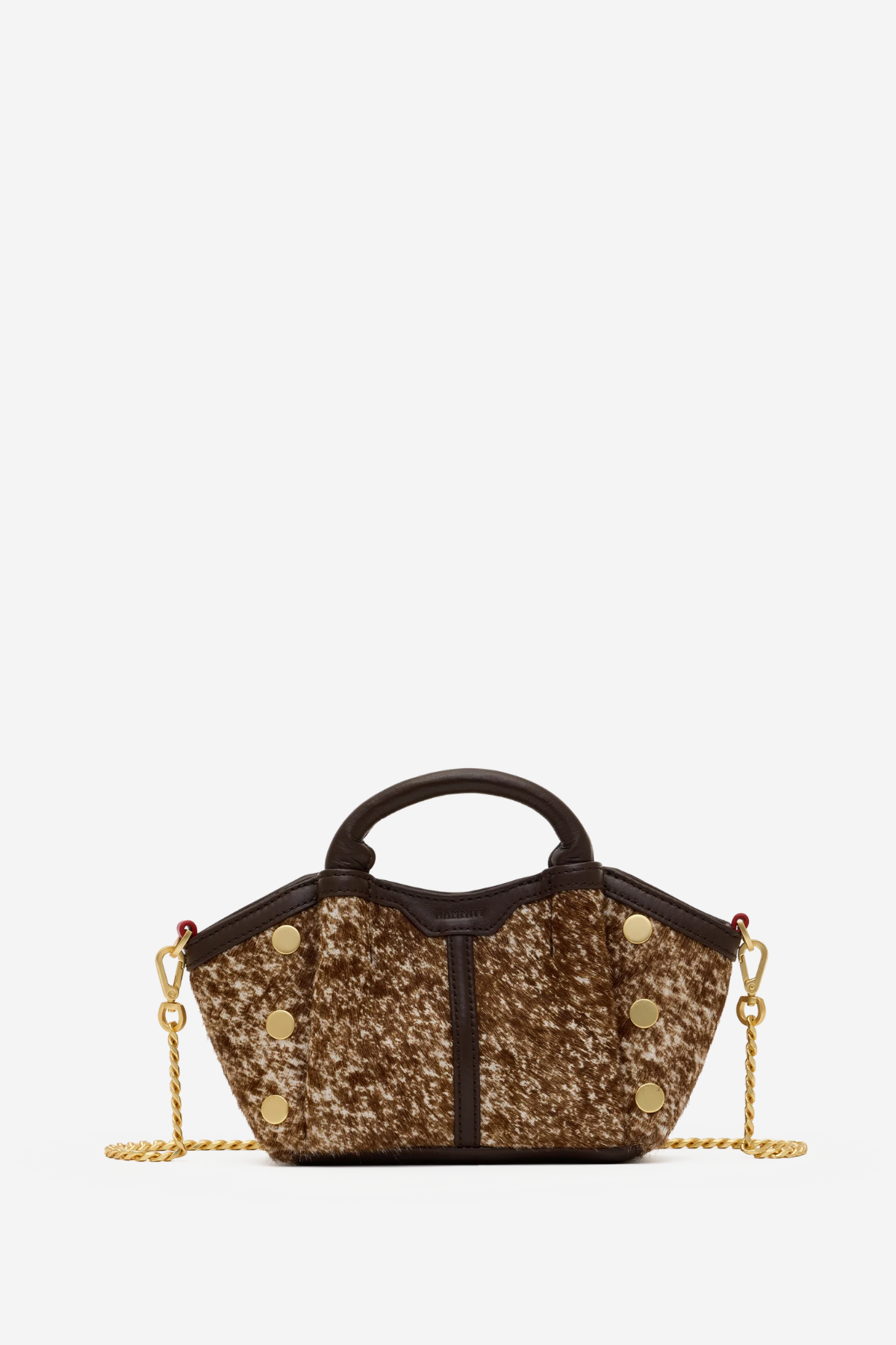 A structured handbag with a brown and gold glittery textured body, dark brown leather trim, top handle, and gold-tone chain strap, shown on a plain light gray background.