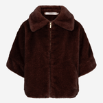 A dark brown faux fur jacket with a wide collar and front zipper, shown against a plain light gray background.