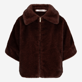 A dark brown faux fur jacket with a wide collar and front zipper, shown against a plain light gray background.