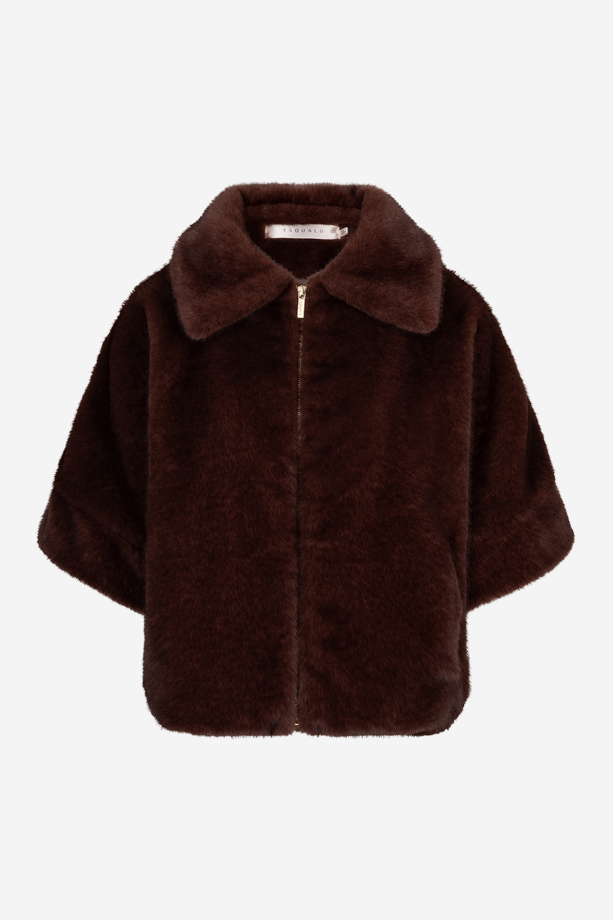 A dark brown faux fur jacket with a wide collar and front zipper, shown against a plain light gray background.