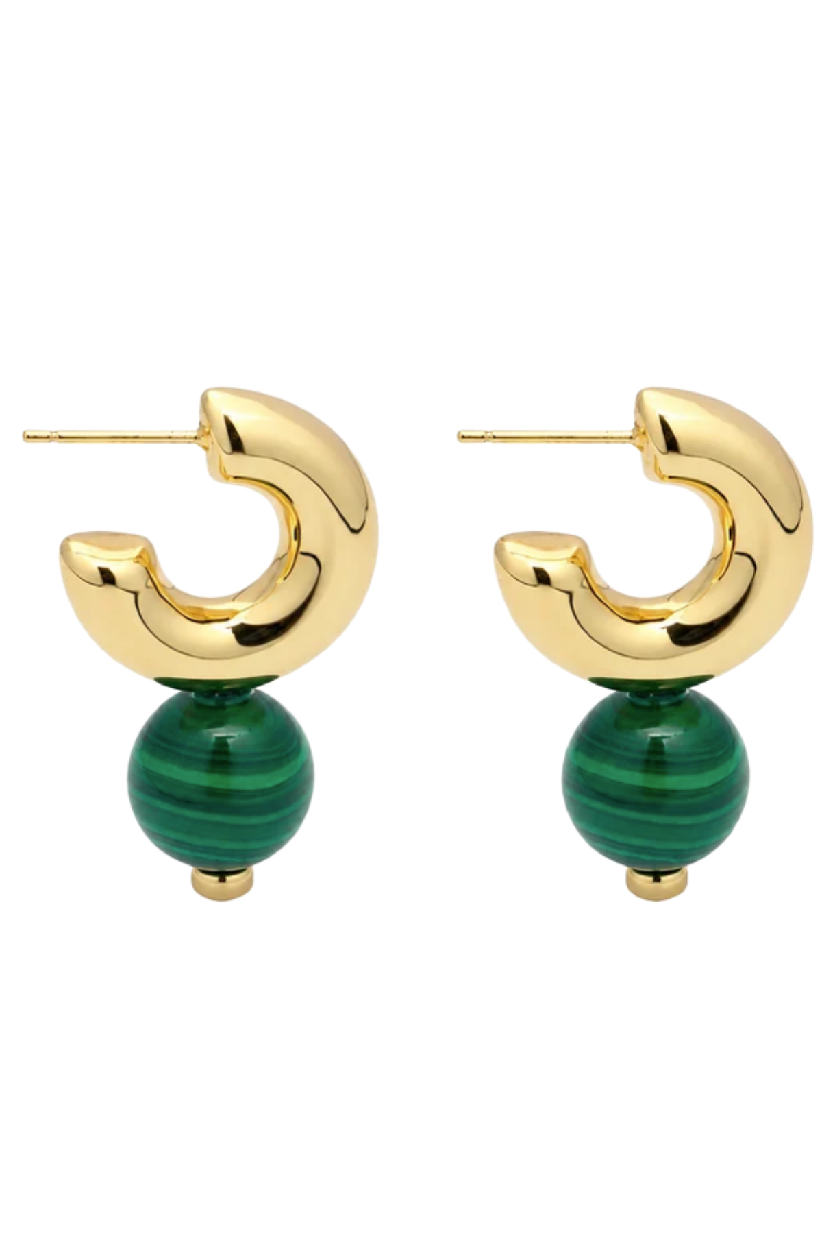 A pair of gold crescent hoop earrings with a polished green malachite bead dangling below, shown against a plain white background.