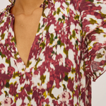 Close-up of a floral patterned top with a plain background