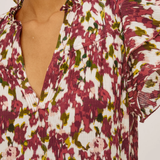Close-up of a floral patterned top with a plain background