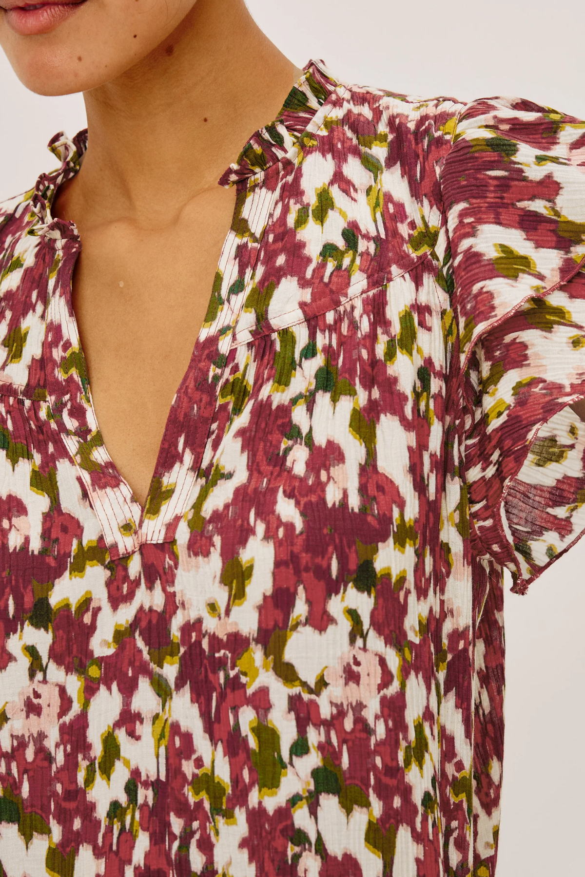 Close-up of a floral patterned top with a plain background