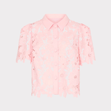 Pink lace blouse on a light gray background