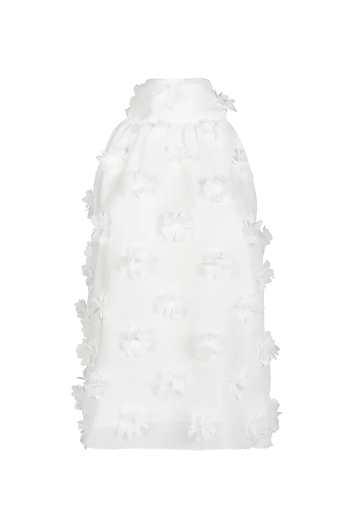 White dress with ruffled details on a white background