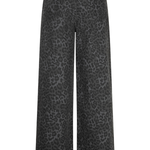 Wide-leg cropped pants in a dark gray and black leopard print pattern, shown against a plain white background.