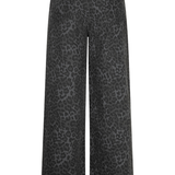 Wide-leg cropped pants in a dark gray and black leopard print pattern, shown against a plain white background.