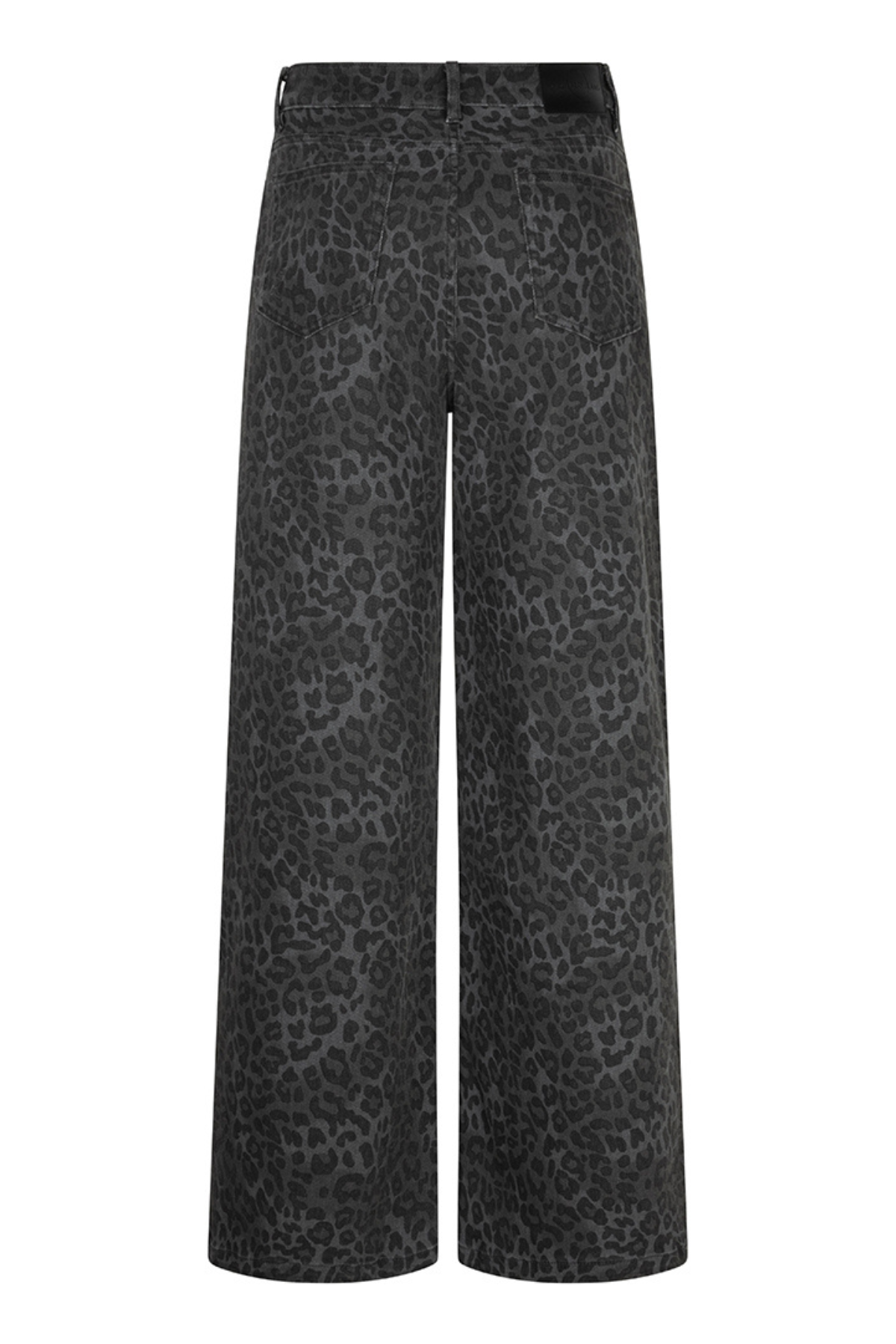Wide-leg cropped pants in a dark gray and black leopard print pattern, shown against a plain white background.
