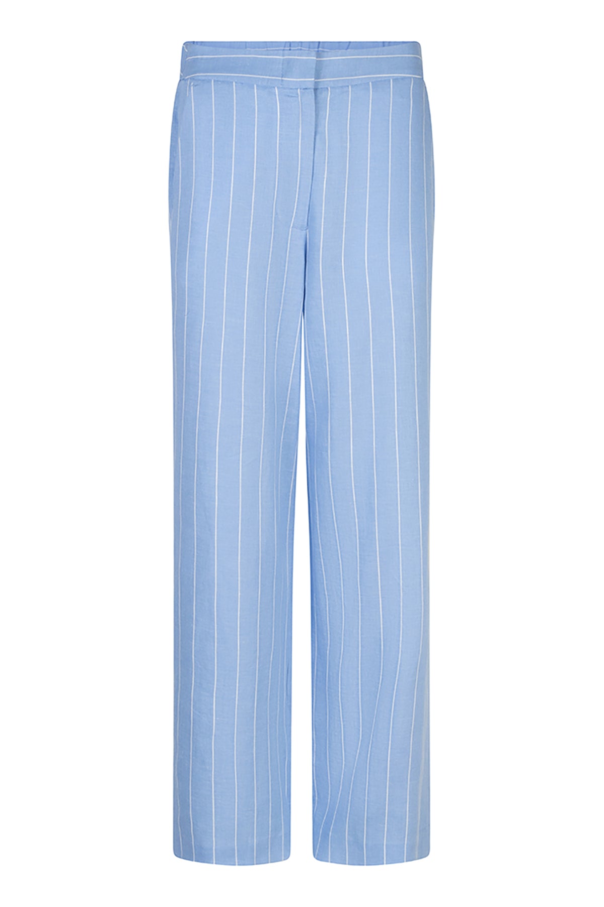 Light blue pants with white stripes on a white background