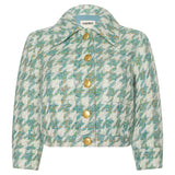 Floral patterned jacket with gold buttons on a white background