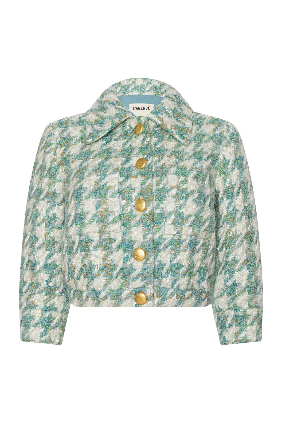 Floral patterned jacket with gold buttons on a white background