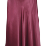 A satin midi skirt in a deep burgundy color, shown against a plain white background.