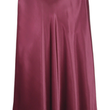 A satin midi skirt in a deep burgundy color, shown against a plain white background.