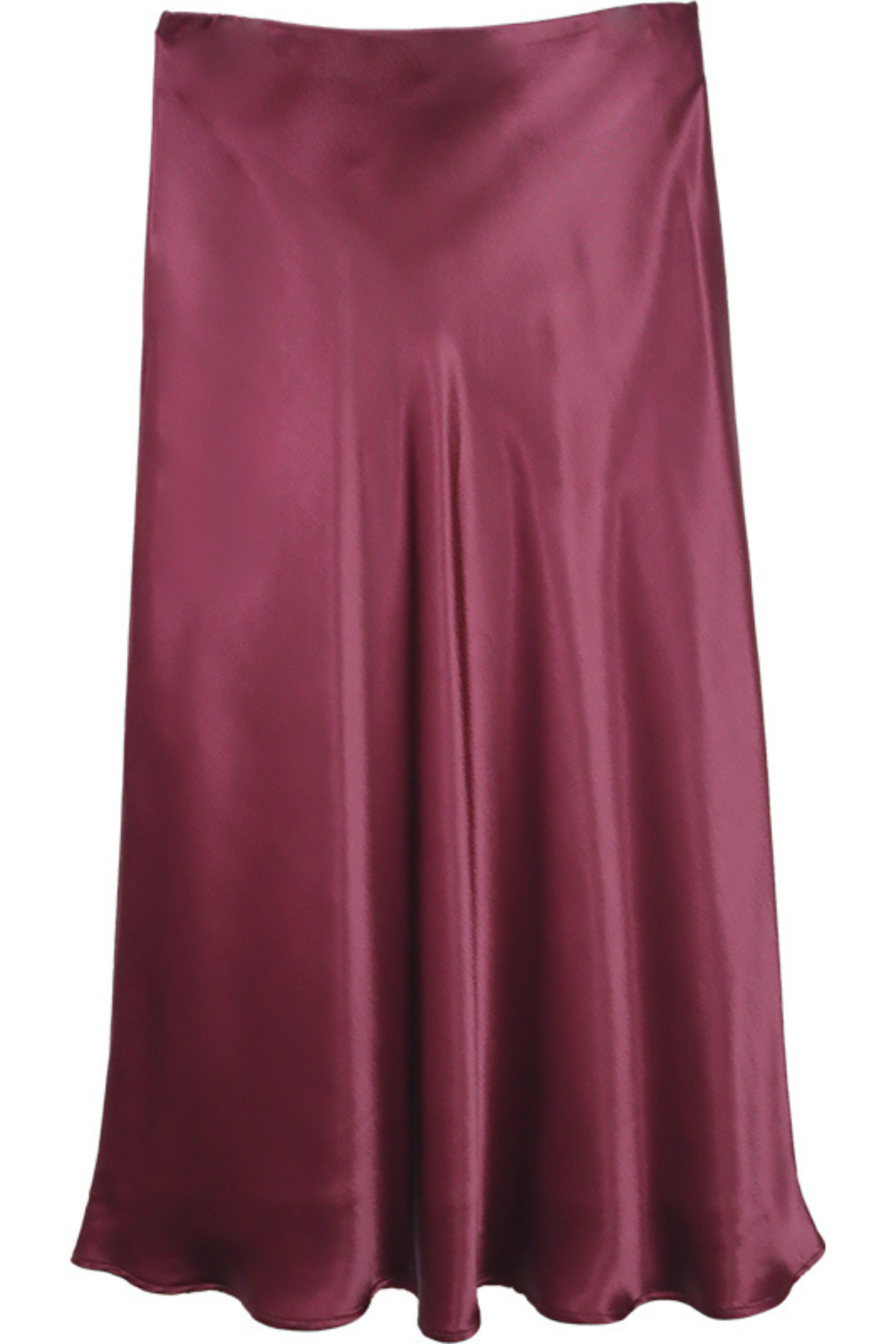 A satin midi skirt in a deep burgundy color, shown against a plain white background.