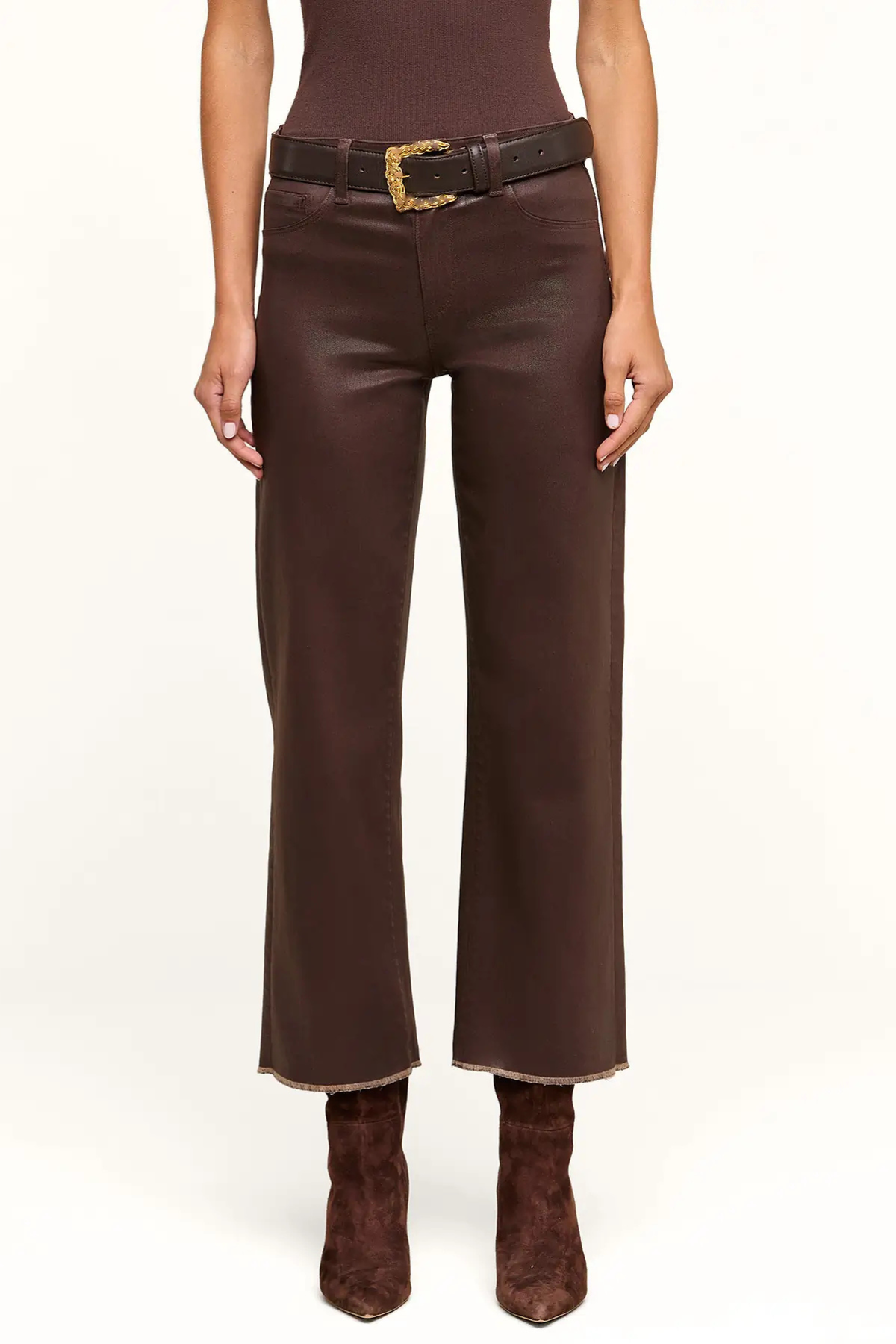 Women's brown high-rise cropped pants featuring a wide-leg silhouette and tailored finish.