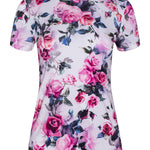 Floral patterned shirt with pink and purple flowers on a white background