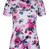 Floral patterned shirt with pink and purple flowers on a white background